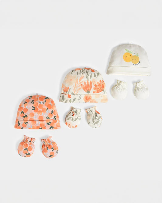 Mi Arcus Orange, White & Green Caps & Mittens Set-Cotton-Printed-Pack Of 3-For Infants