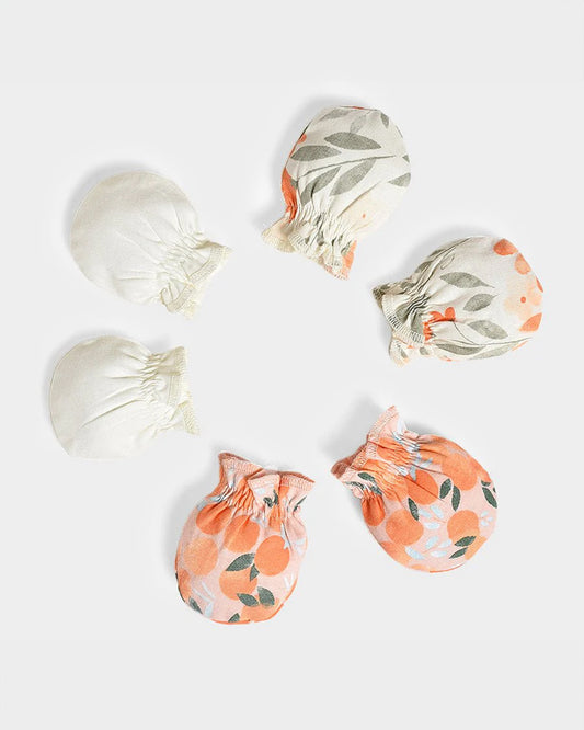 Mi Arcus Orange, White & Green Caps & Mittens Set-Cotton-Printed-Pack Of 3-For Infants