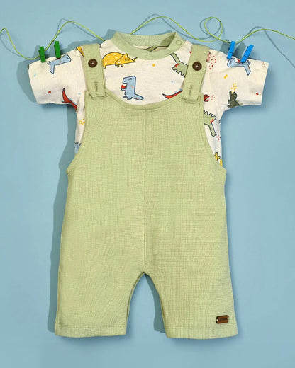 Mi Arcus Sage Green Dungaree With T-shirt-Cotton-Printed-For Infants