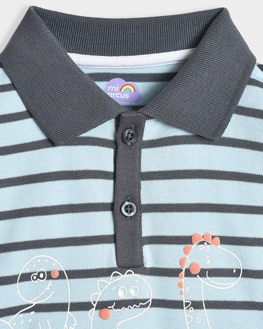 Mi Arcus Light Blue & Grey T-shirt-Cotton-Striped-For Infants