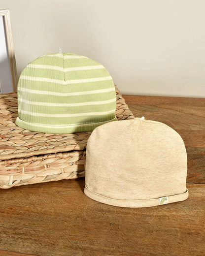 Mi Arcus Beige & Green Caps Set-Solid-Cotton-Solid-For Infants