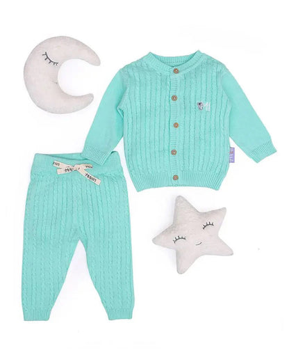Mi Arcus Cyan Green Cardigan & Pajama Set-Cotton-Solid-For Infants