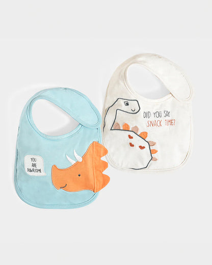 Mi Arcus Dinomite Soft Cotton Bibs-With Patchwork & Embroidered Design-Velcro Closure-Pack of 2-For Infants