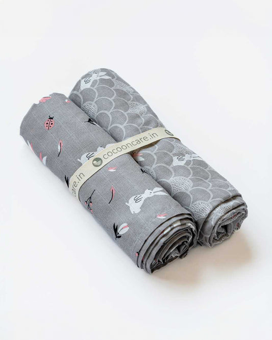 Cocoon Care Rabbit Farm & Grey Grove Swaddle-Ultra Soft & Breathable Bamboo Muslin-Pack of 2-Infant Wraps