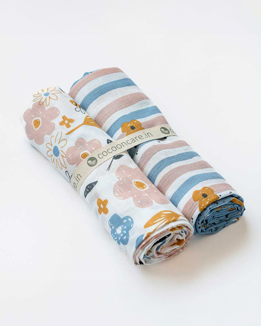 Cocoon Care Busy Bee & Cheerful Stripes Swaddle-Ultra Soft & Breathable Bamboo Muslin-Pack of 2-Infant Wraps