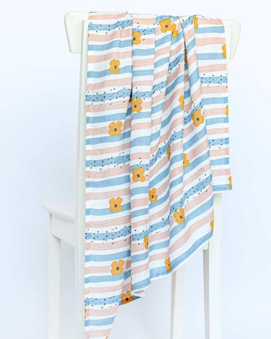 Cocoon Care Busy Bee & Cheerful Stripes Swaddle-Ultra Soft & Breathable Bamboo Muslin-Pack of 2-Infant Wraps