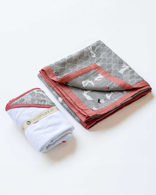 Cocoon Care Blanket & Hooded Towel Combo Pack-With Soft & Hypoallergenic Bamboo Muslin-Grey Grove