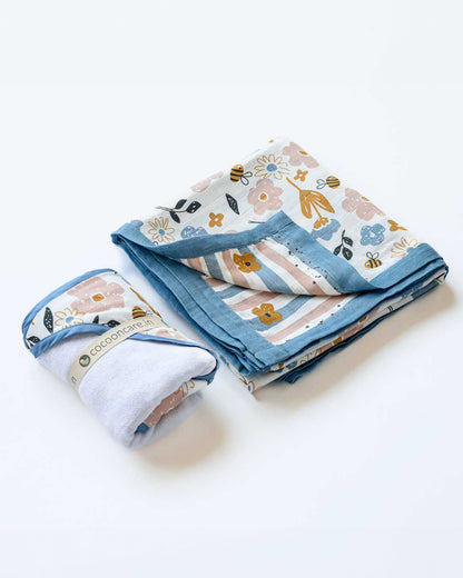 Cocoon Care Blanket & Hooded Towel Combo Pack-With Soft & Hypoallergenic Bamboo Muslin-Busy Bee