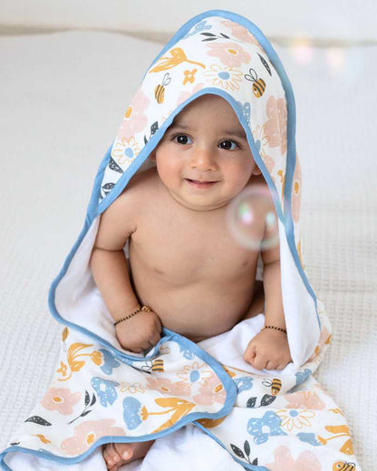 Cocoon Care Blanket & Hooded Towel Combo Pack-With Soft & Hypoallergenic Bamboo Muslin-Busy Bee