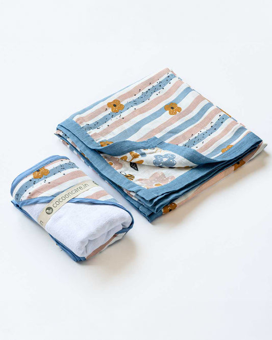 Cocoon Care Blanket & Hooded Towel Combo Pack-With Soft & Hypoallergenic Bamboo Muslin-Cheerful Stripes