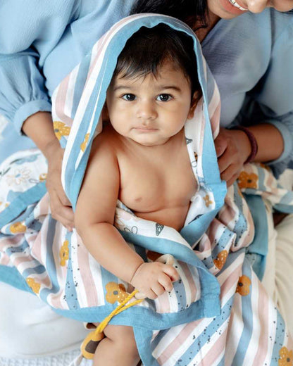 Cocoon Care Blanket & Hooded Towel Combo Pack-With Soft & Hypoallergenic Bamboo Muslin-Cheerful Stripes