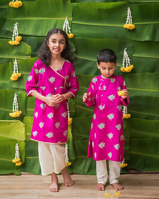 Mouse in the house Pink Kurta Set-Lotus Bloom-Cotton-For Infants