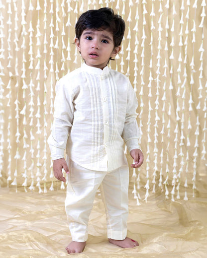 Tiber Taber Cream Shirt-Solid-Cotton Slub-For Infants