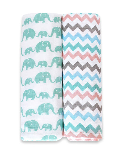 Masilo Organic Muslin Swaddles-Soft & Breathable-GOTS Certified Organic Cotton Muslin-Elephant Parade-Pack of 2-Infant Wraps
