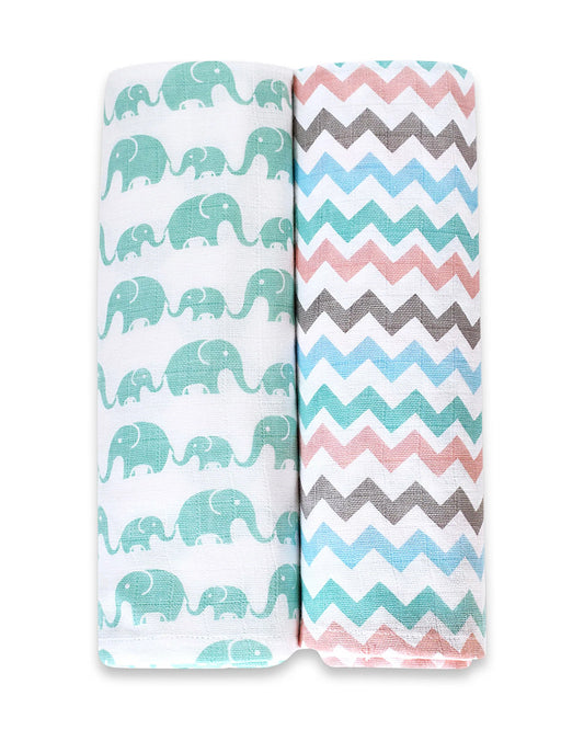 Masilo Organic Muslin Swaddles-Soft & Breathable-GOTS Certified Organic Cotton Muslin-Elephant Parade-Pack of 2-Infant Wraps