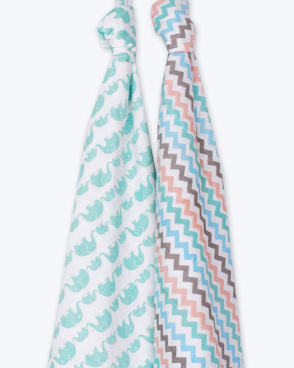 Masilo Organic Muslin Swaddles-Soft & Breathable-GOTS Certified Organic Cotton Muslin-Elephant Parade-Pack of 2-Infant Wraps