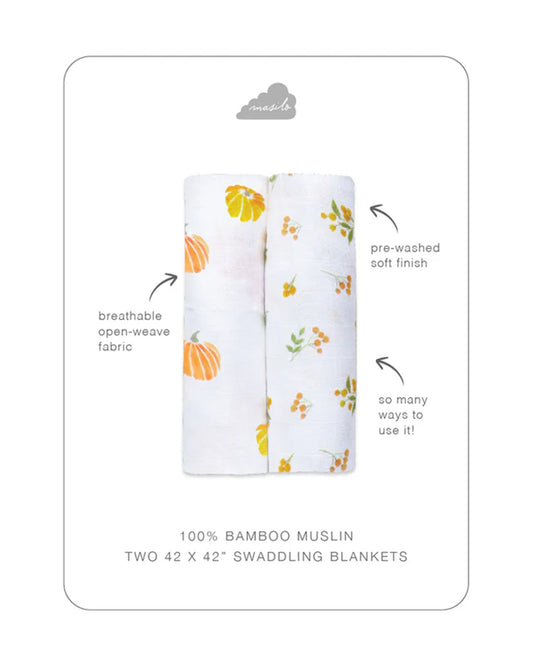 Masilo Bamboo Muslin Swaddles-Soft & Breathable-GOTS Certified Organic Muslin Cotton-Our Little Pumpkin-Pack of 2-Infant Wraps