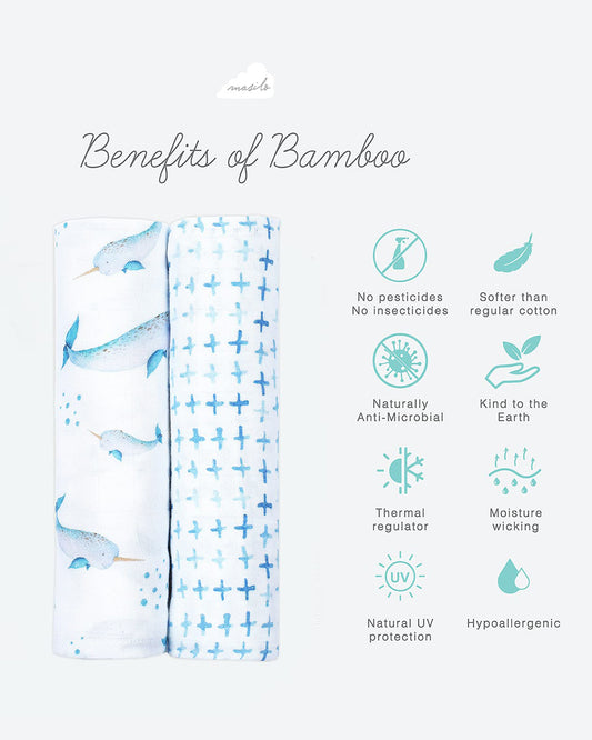 Masilo Bamboo Muslin Swaddles-Soft & Breathable-GOTS Certified Organic Muslin Cotton-Believe In The Narwhal-Pack of 2-Infant Wraps