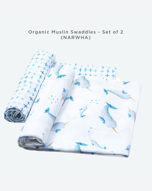 Masilo Bamboo Muslin Swaddles-Soft & Breathable-GOTS Certified Organic Muslin Cotton-Believe In The Narwhal-Pack of 2-Infant Wraps