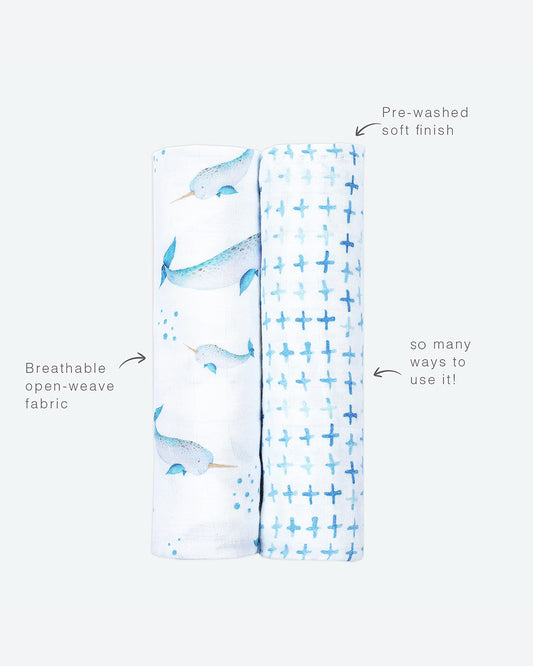 Masilo Bamboo Muslin Swaddles-Soft & Breathable-GOTS Certified Organic Muslin Cotton-Believe In The Narwhal-Pack of 2-Infant Wraps