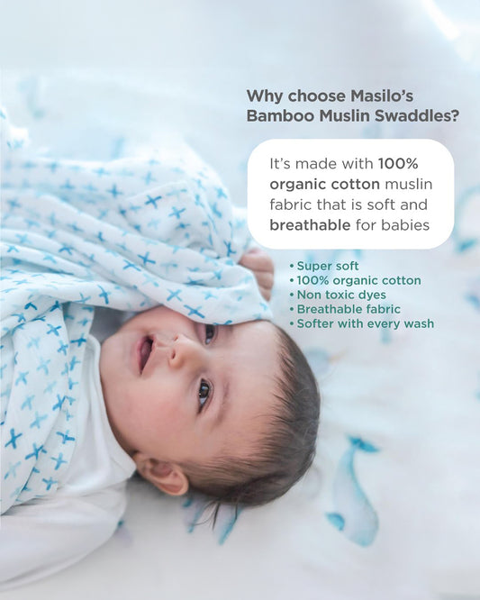 Masilo Bamboo Muslin Swaddles-Soft & Breathable-GOTS Certified Organic Muslin Cotton-Believe In The Narwhal-Pack of 2-Infant Wraps