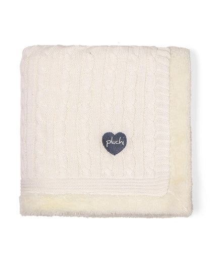 Pluchi Cable Knit Knitted Baby Blanket-Combed Cotton Blanket with Faux Fur Back-Ivory-For Infants