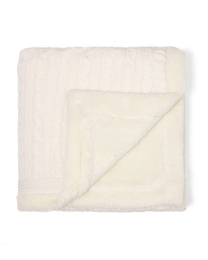 Pluchi Cable Knit Knitted Baby Blanket-Combed Cotton Blanket with Faux Fur Back-Ivory-For Infants