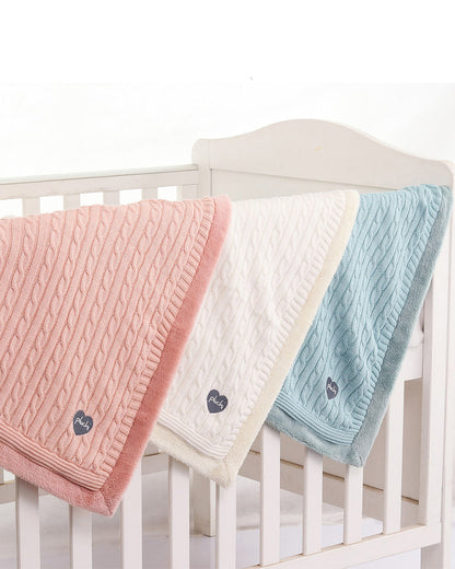 Pluchi Cable Knit Knitted Baby Blanket-Combed Cotton Blanket with Faux Fur Back-Ivory-For Infants