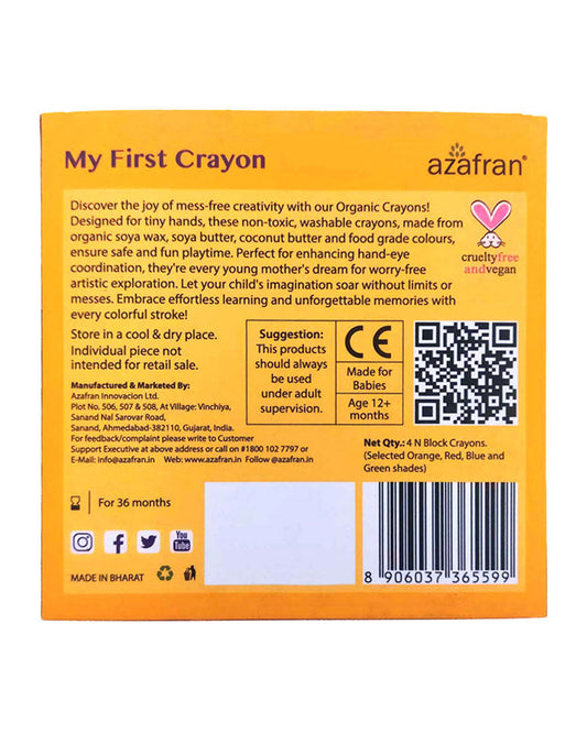 Azafran My First Crayon-Pack Of 4 Jumbo Crayons-Promotes Creativity-Non Toxic-Art & Craft Kit-18M+