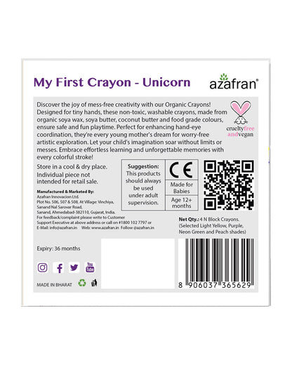 Azafran My First Crayon Unicorn-Pack Of 4 Jumbo Crayons-Promotes Creativity-Non Toxic-Art & Craft Kit-18M+