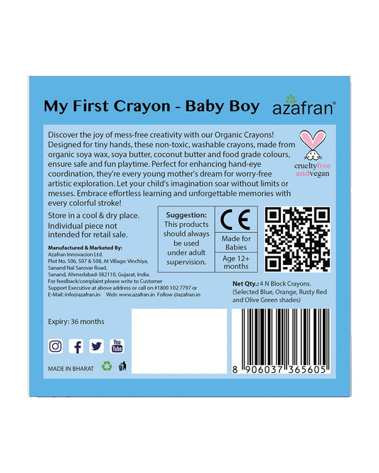 Azafran My First Crayon Baby Boy-Pack Of 4 Jumbo Crayons-Promotes Creativity-Non Toxic-Art & Craft Kit-18M+