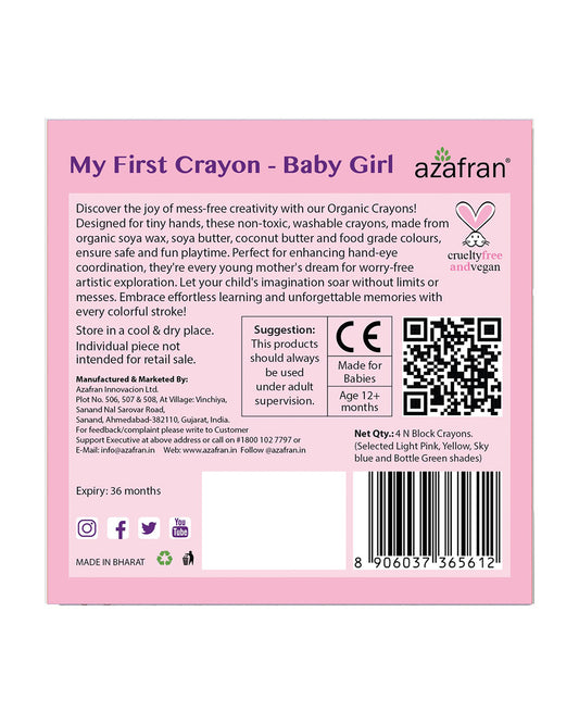 Azafran My First Crayon Baby Girl-Pack Of 4 Jumbo Crayons-Promotes Creativity-Non Toxic-Art & Craft Kit-18M+