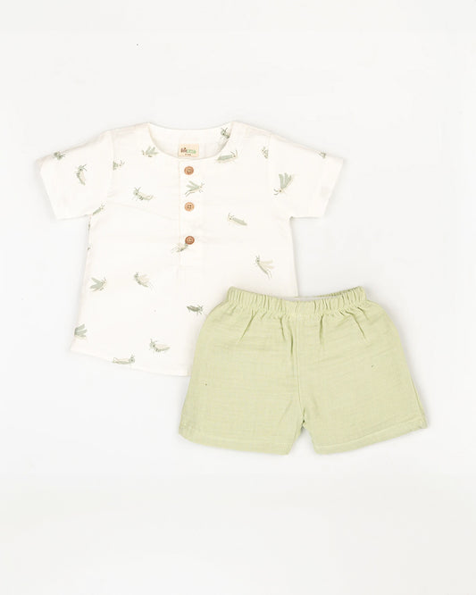 Beelittle White & Green Top & Shorts Set-Grashopper Print-100% Cotton-For Infants