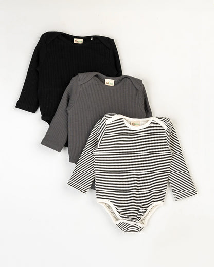 Beelittle Black, White & Grey Knitted Bodysuits-Solid-Cotton-For Infants-Pack Of 3