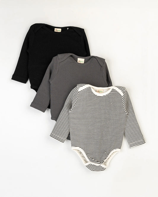 Beelittle Black, White & Grey Knitted Bodysuits-Solid-Cotton-For Infants-Pack Of 3