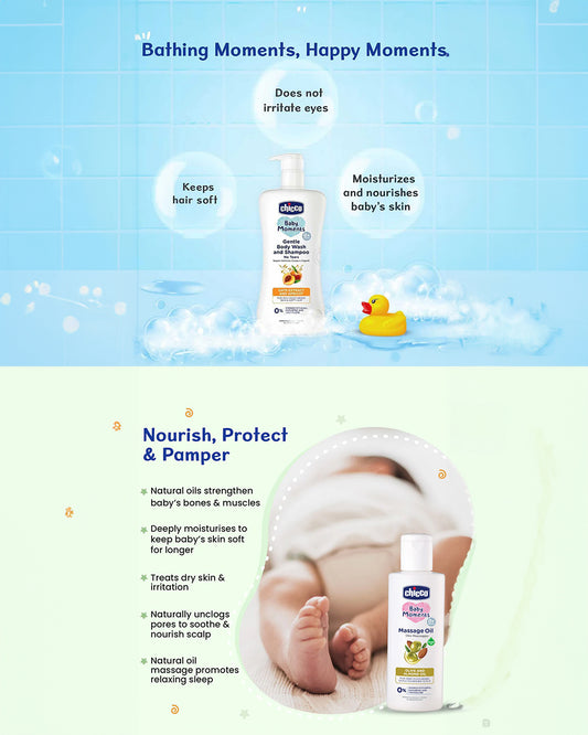 Chicco Baby Moments-Baby Body & Hair Oil (200 ml) With Gentle Body Wash & Shampoo (500 ml)