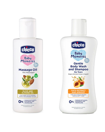 Chicco Baby Moments-Baby Body & Hair Oil (200 ml) With Gentle Body Wash & Shampoo (200 ml)