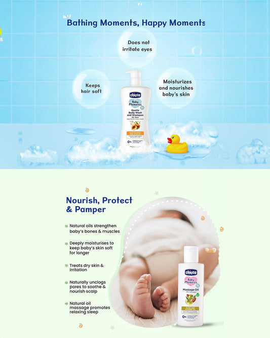 Chicco Baby Moments-Baby Body & Hair Oil (200 ml) With Gentle Body Wash & Shampoo (200 ml)