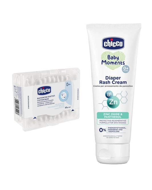 Chicco 100% Soft Cotton Buds (Pack of 60) & Baby Moments Diaper Rash Cream (50 g)