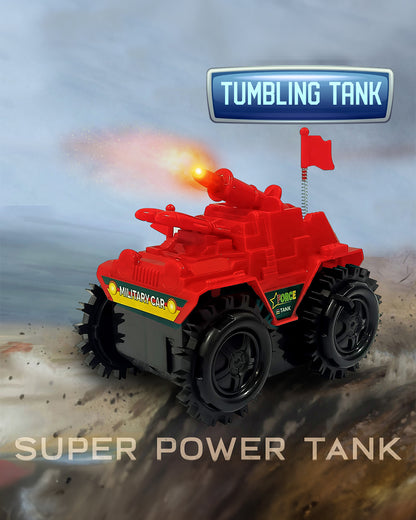 Sirius Military Tumbling Tank for Kids-360° Flipping and Rolling Action with Bright Flashing Lights-Battery Operated-Vehicle Toy-Red