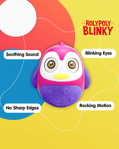 Pinokio Roly Poly Blinky-Interactive Penguin Wobbler-Blinking Eyes & Soothing Sounds-Musical Toy-Pink/Purple