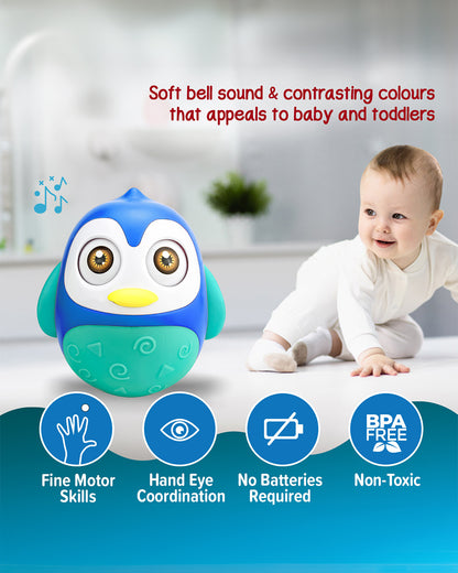 Pinokio Roly Poly Blinky-Interactive Penguin Wobbler-Blinking Eyes & Soothing Sounds-Musical Toy-Blue/Cyan