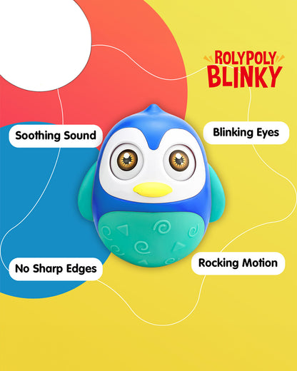 Pinokio Roly Poly Blinky-Interactive Penguin Wobbler-Blinking Eyes & Soothing Sounds-Musical Toy-Blue/Cyan