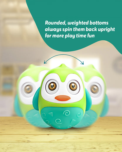 Pinokio Roly Poly Blinky-Interactive Penguin Wobbler-Blinking Eyes & Soothing Sounds-Musical Toy-Green/Cyan