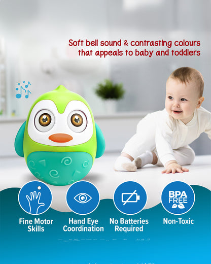 Pinokio Roly Poly Blinky-Interactive Penguin Wobbler-Blinking Eyes & Soothing Sounds-Musical Toy-Green/Cyan