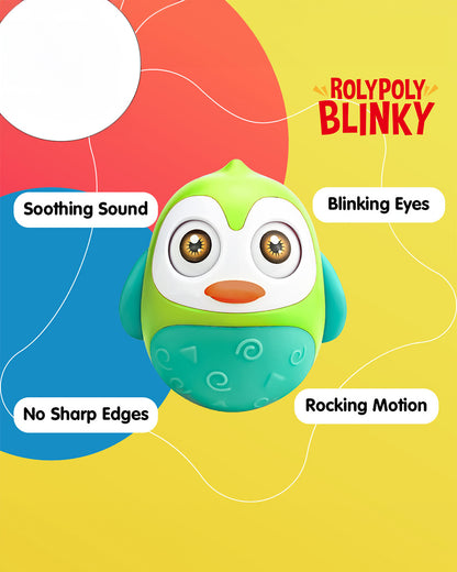 Pinokio Roly Poly Blinky-Interactive Penguin Wobbler-Blinking Eyes & Soothing Sounds-Musical Toy-Green/Cyan