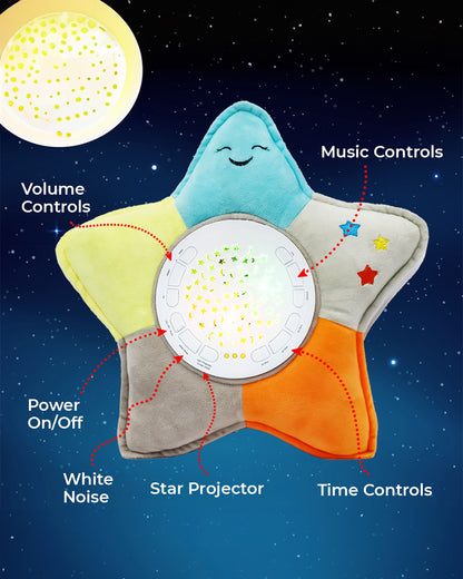 Pinokio Dreamy Light Projector-Washable Star Plush Toy with Soothing Night Light, Star Projection-10 Melodies & Volume Control-Safe & Durable-Musical Toy