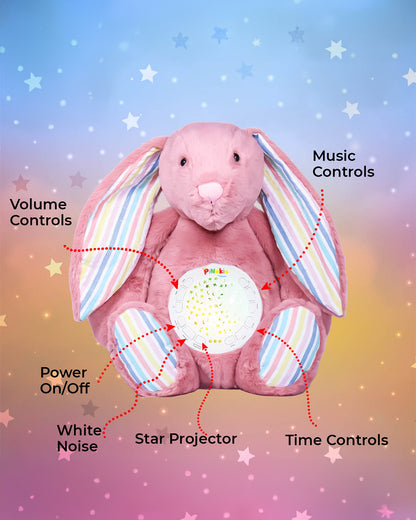 Pinokio Dreamy Light Projector-Washable Bunny Plush Soft Toy with Soothing Night Light, Star Projection-10 Melodies & Volume Control-Safe & Durable-Musical Toy-Pink