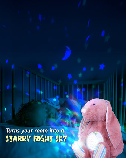 Pinokio Dreamy Light Projector-Washable Bunny Plush Soft Toy with Soothing Night Light, Star Projection-10 Melodies & Volume Control-Safe & Durable-Musical Toy-Pink