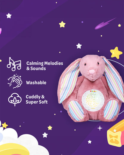 Pinokio Dreamy Light Projector-Washable Bunny Plush Soft Toy with Soothing Night Light, Star Projection-10 Melodies & Volume Control-Safe & Durable-Musical Toy-Pink